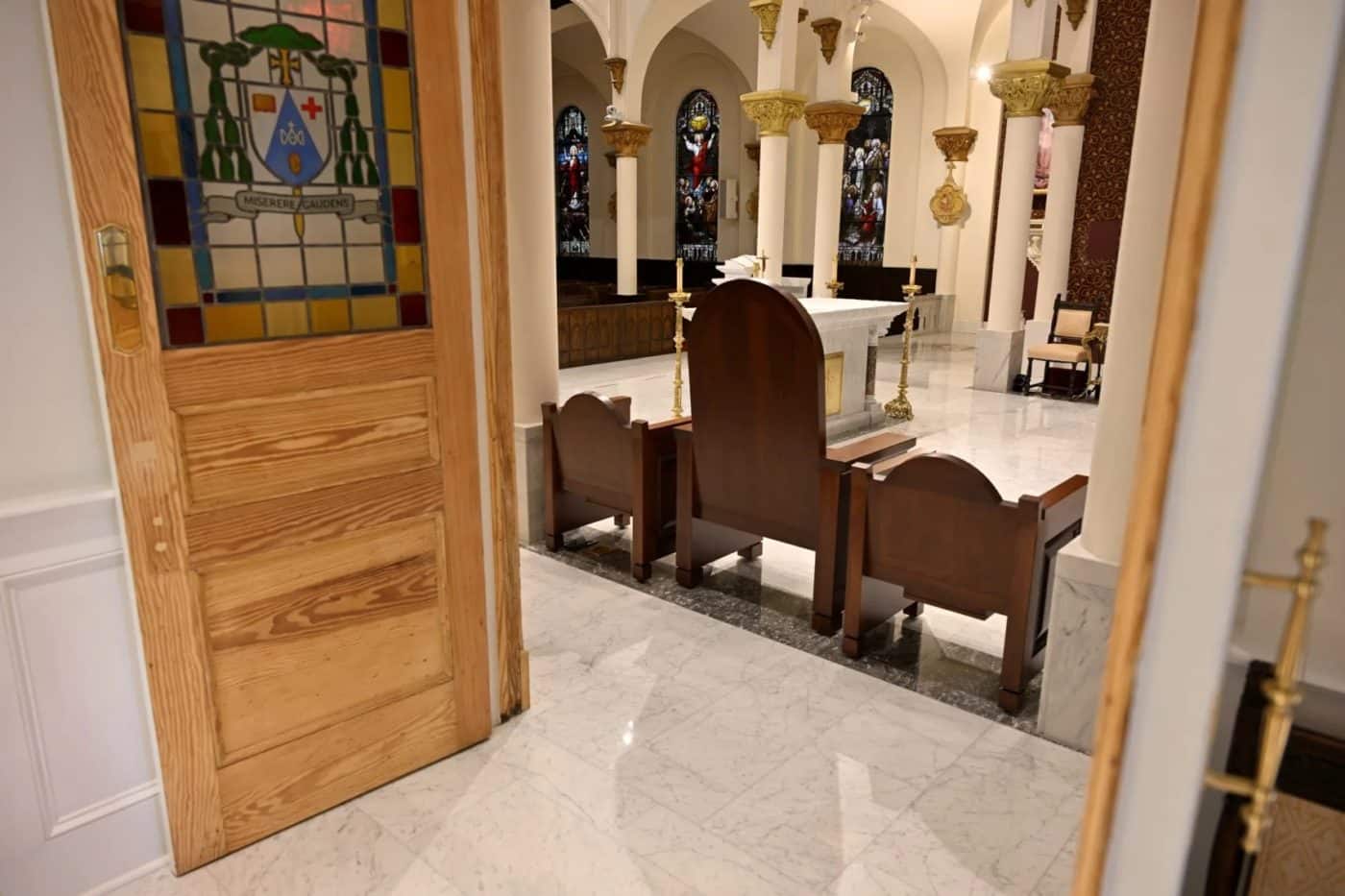 the front of the church, angled towards the marble flooring